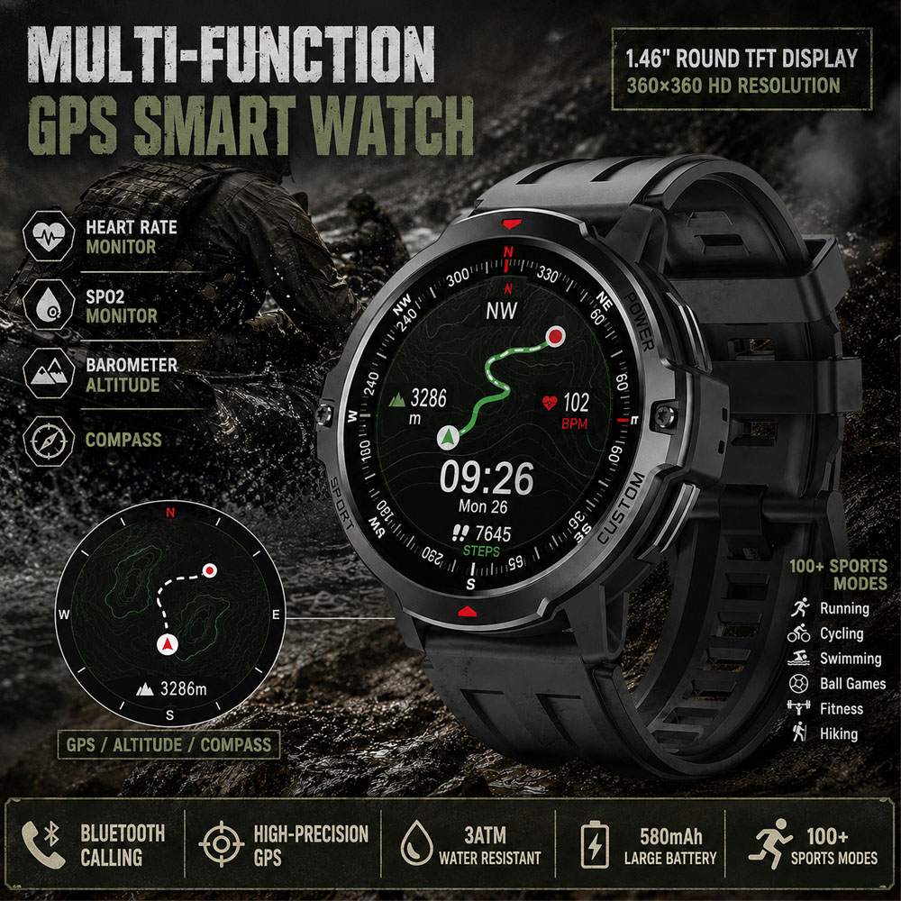 Smartwatch Timex Watches For Men - NIEUWE 1.46 Inch Militaire GPS Smartwatch